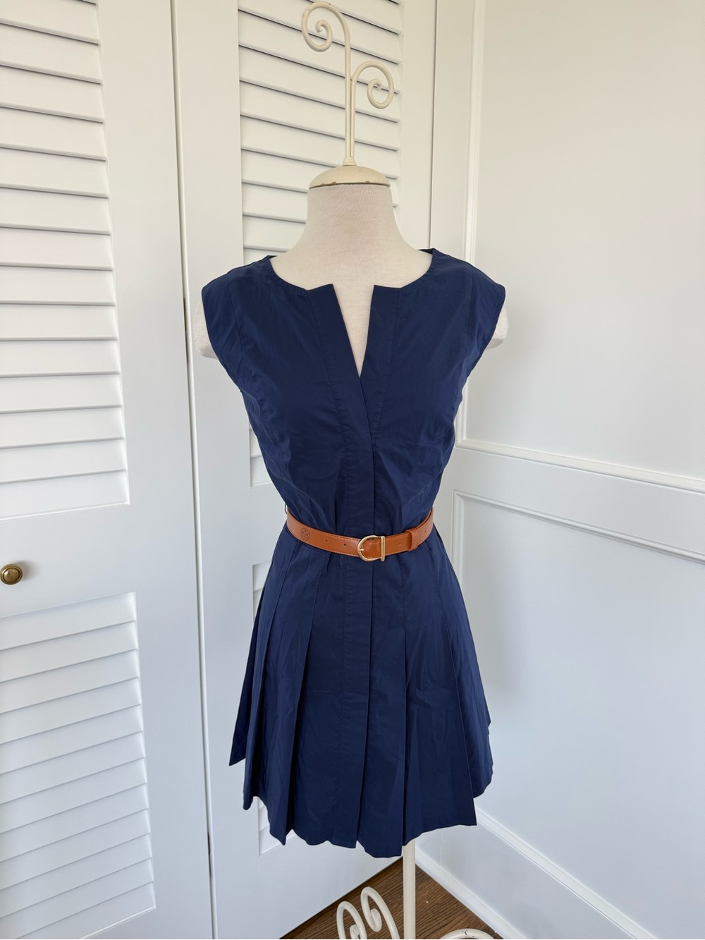 Classic Navy Sleeveless Dress with Tan Waist Belt